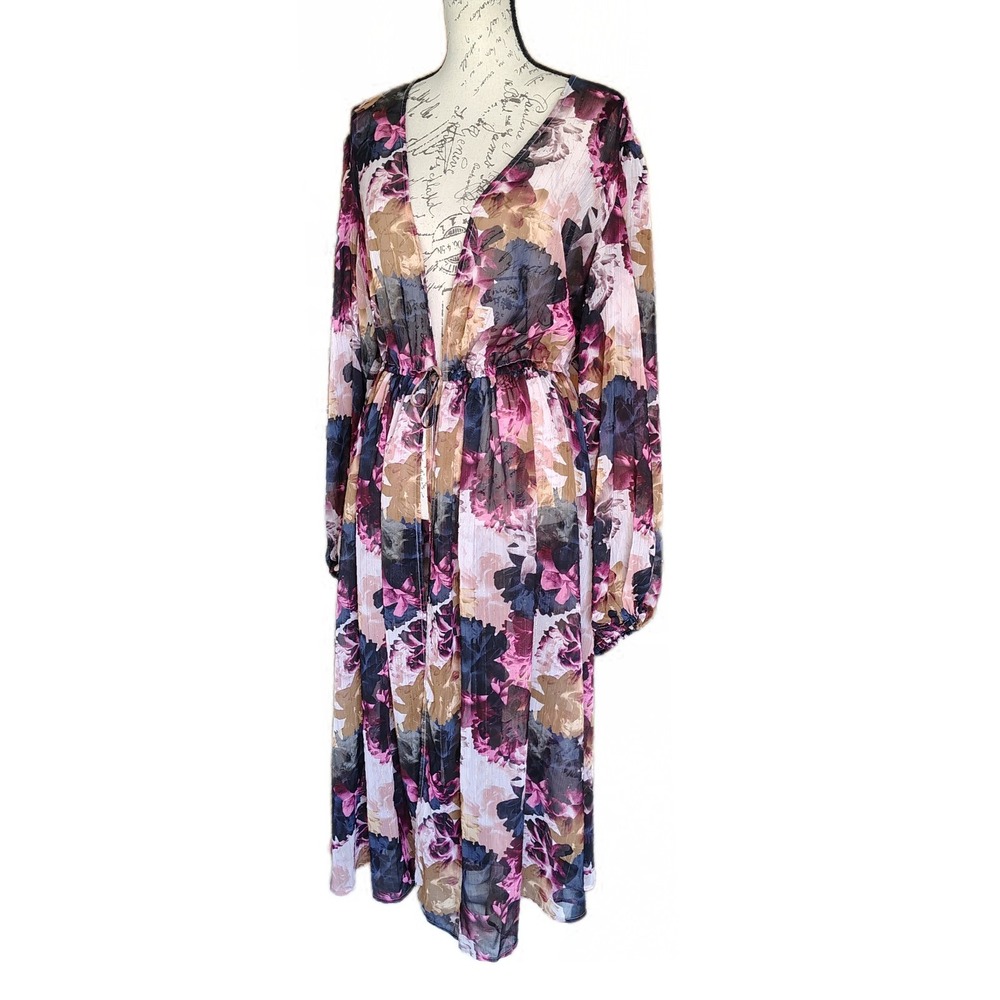 Torrid Floral Sheer Chiffon Maxi Dress Kimono Duster Swimsuit Cover 3X Sparkle
